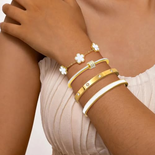 MOINSPIRE Gold Bracelets for Women, 18K Gold Plated Tennis Nail Clover love Bangle Bracelets Set Non Tarnish, Stainless Steel Trendy Stackable Bracelet Fashion Jewelry Accessories Gifts for Christmas - color: C2-White