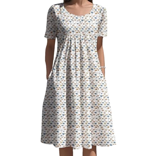Midi Dress for Women Boho Floral Pattern Short Sleeve Crew Neck Vacation Beach Sundress Lightweight Comfy - color: Beige Brown White, size: X-Large