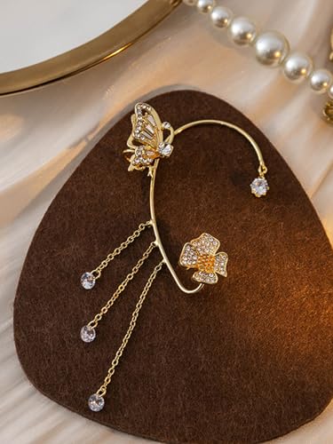 2Pcs Rhinestone Butterfly Earrings Ear Cuffs Non-Pierced Fake Earrings Butterfly Climber Wrap Around Earring Dainty Adjustable Ear Clip Jewelry for Women - color: Style1-gold
