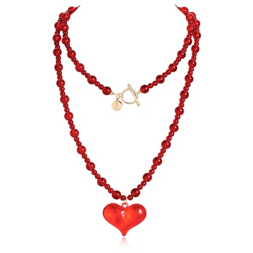 Coiris Chunky Heart Necklace for Women Statement Beaded Pendant Boho Christmas Necklace Gifts for Women - color: Red, size: Long