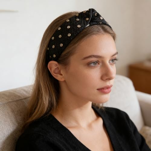 BVGA Rhinestone Rattan Headband Straw Headbands Fashion Rattan Wide Head Band Boho Headbands Summer Bohemian Woven Headwear Hair Head Knot Headband for Woman Girl Hair Accessories(black)