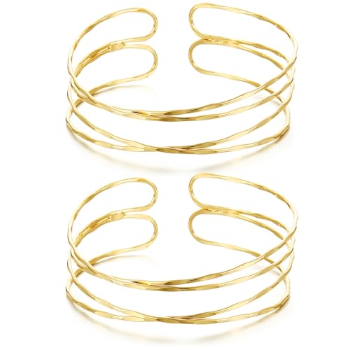 BOMAIL 2Pcs Gold Arm Cuff Bracelets Set for Women | Open Adjustable, large Upper Arm Bangles, Coil Swirl Armlet,Ren Faire Armband,Minimalist ,Goddess - style: B Style