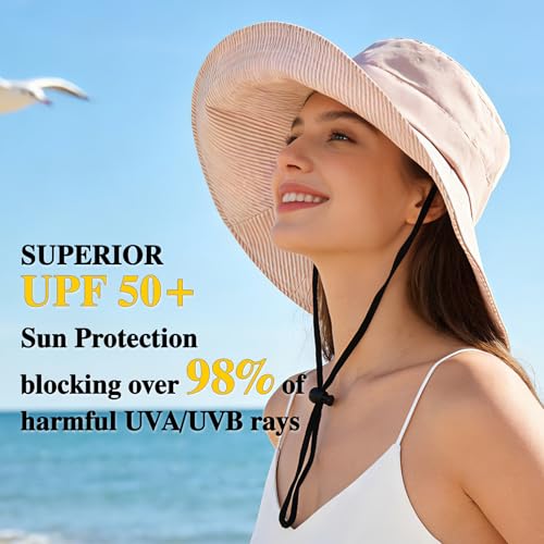Sun Hats for Women Wide Brim Foldable Beach Hat UV UPF50+ Summer Sun Protection Bucket Hat for Outdoor, Gardening, Travel - color: Pink