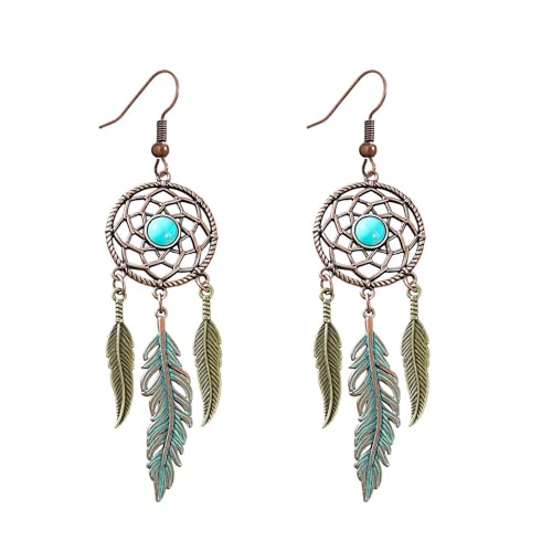 Boho Turquoise Drop Earrings Retro Long Copper Feather Tasse Metal Leaf Dangle Earrings Vintage Country Western Jewelry Cowgirl Ethnic Style Geometric Concert Festival Accessories for Women - color: Dreamcatcher Net Blue