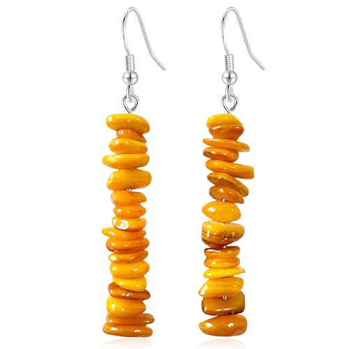 Handmade Bohemian Vintage Silver Nature Stone Beads Long Dangle Drop Earrings for Women - color: Orange