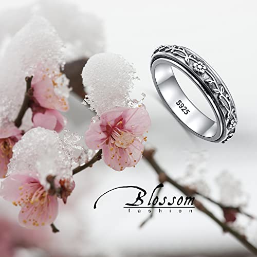 Ladytree Spinner Fidget Ring Sterling Silver Thumb Band for Women Anxiety Ring Platinum Plated Worry Stress Relief Just Breathe Boredom ADHD Autism Rings Boho Jewelry Gift - color: E-oxidized plum flower