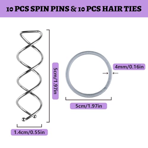 Teenitor 20PCS Spiral Hair Pins, Spiral Bobby Pins Hair Pins for Buns, Hair Twist Spin Pins for Hair, Hair Bun Maker for Women, Girls with 10 Hair Ties, Silver - color: Silver