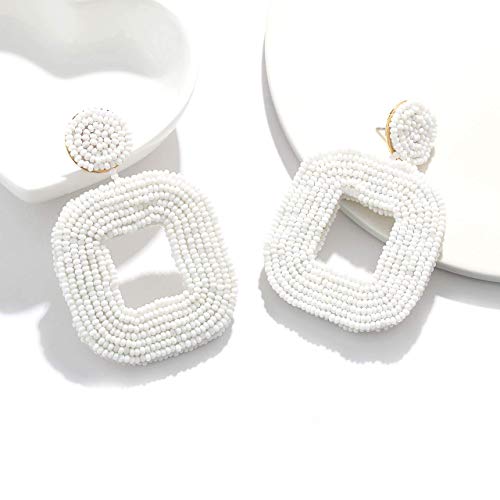 Beaded Drop Earrings Multicolored Seed Bead Earrings for Women Bohemia Statement Square Bead Hoop Dangle Earrings for Wedding Party Vacation - color: E White