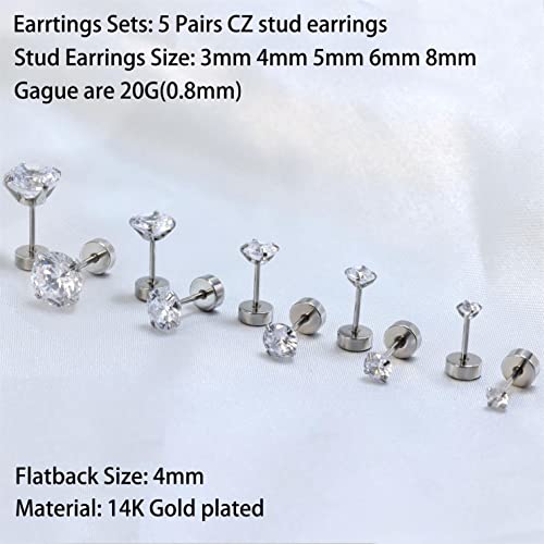 Dainty 6 Pairs Surgical Steel Earrings Sets for Multiple Piercing, Lightweight 14K Gold Plated Small Huggie Hoop Earrings, Flat Back Tiny Ball CZ Stud Earrings for Cartilage, Helix, Lobe, Hypoallergenic - style: Silver- 3/4/5/6/8mm CZ Stud