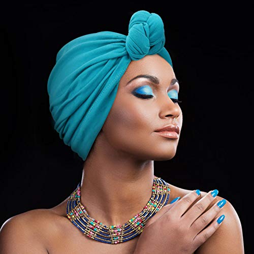 DRESHOW 5 Pack Knotted Headwraps for Women African Turban Pre-Knotted Beanie Headwraps Hair Covers - color: 5 Pack Knotted: Black, Khaki, Rose, Purple, Teal