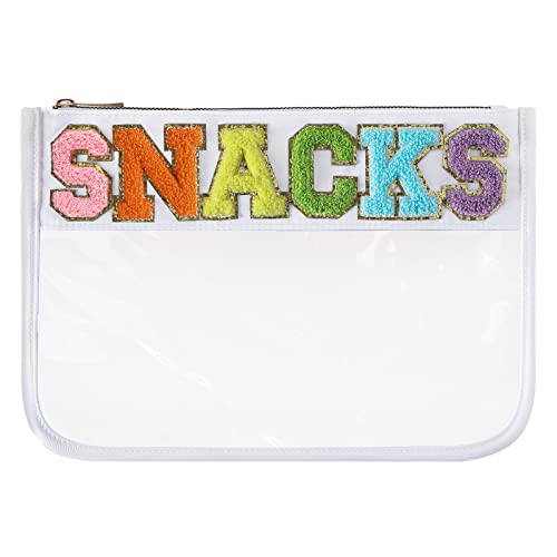 DYSHAYEN Chenille Letter Clear Zipper Pouch for Travel,Nylon Clear Cosmetic Bag,Makeup Travel Bag for Women Girls 11.8 Inches x 8.2 Inches - color: White-Snacks