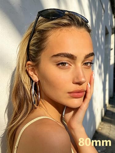 Bestyle 5mm Thick Gold Hoop Earrings Hypoallergenic Hoops for Sensitive Ears Trendy Lightweight Chunky Earrings for Women 30/40/60/80mm - color: 01-Silver, size: 80mm