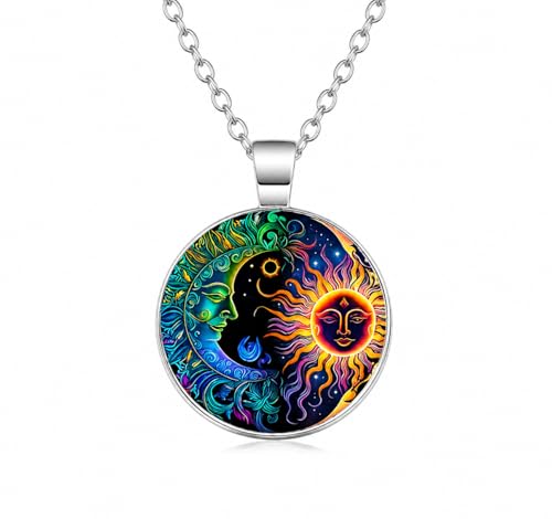 1pc Stunning Round Pendant Necklace - Unique Sun & Moon Pattern, Oil Painting Style Glass Mosaic, Alloy Construction, Trendy Sweater Chain, Fashionable Gift for Women - Christmas or Birthday Gift - color: Blue Moon
