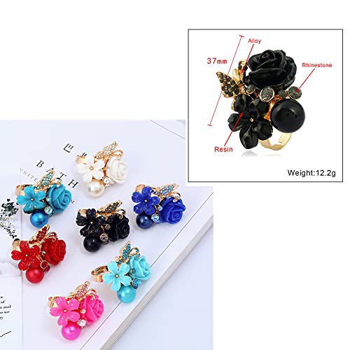 CZ Rose Flower Wedding Ring for Women Statement Engagement Round Rhinstone Crystal Aryclic Daisy Plumeria Adjustable Open Wrap Finger Rings Comfort Fit Cocktail Party Valentine Jewelry - color: Blue