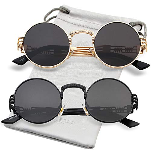 AIEYEZO Round Steampunk Sunglasses for Men Women Retro Circle Hippie Glasses Metal Frame 100% UV Blocking Lens - color: 2 Pack (Gold/Grey, Black/Grey)