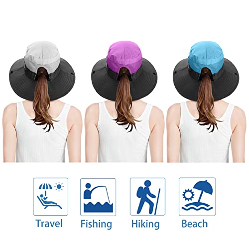 3 Pieces Womens Ponytail Wide Brim Sun Hat Packable UV Protection Beach Cap for Fishing & Hiking - color: Purple＆sky Blue＆beige