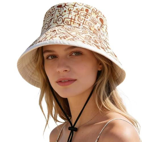 Women's Summer Sun Hat - Reversible Design with Striped Lining Adjustable Brim for Travel and Outings Cap - color: Printed-beige