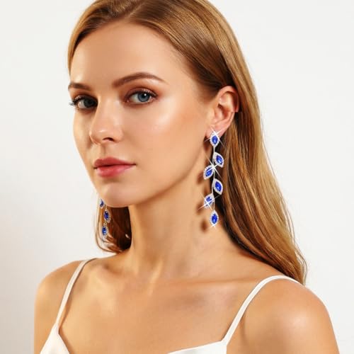 Catery Crystal Wedding Earrings Rhinestones Dangling Earrings Leaf Bridal Ear Jewelry for Brides and Women - color: Blue