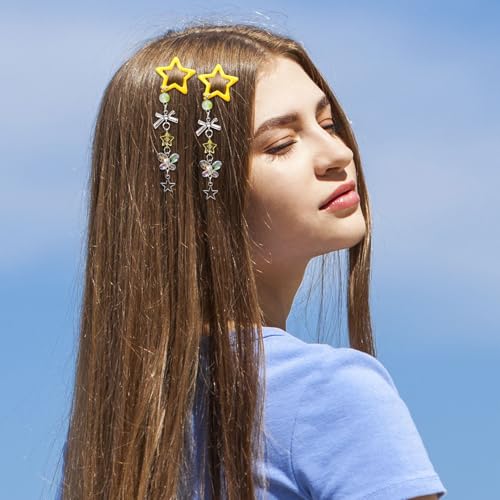 Pndeyo 2pcs Star Tassels Hair Clips for Women, Non-Slip 2000s Y2K Hair Snap Barrettes, Cute Star Bow Butterfly Beaded Pendant Hair Pin Accessories for Braid Long Short Thin Thick Hair- Yellow - color: Yellow-bow shape