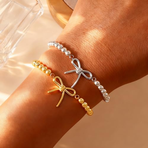 Matching Bracelets for Couple,Gold Silver Beaded Heart Couples Bracelets,Raomantic Relationship Promise Jewelry Gifts for Her - color: Bow