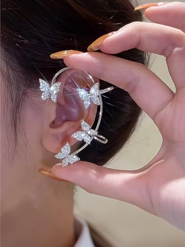 2Pcs Rhinestone Butterfly Earrings Ear Cuffs Non-Pierced Fake Earrings Butterfly Climber Wrap Around Earring Dainty Adjustable Ear Clip Jewelry for Women - color: Style5-silver