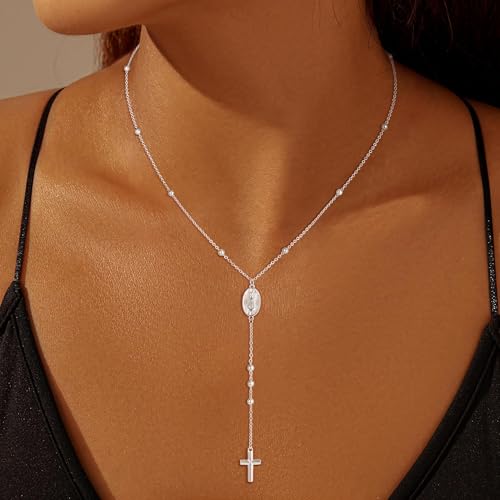 CHESKY Long Necklaces for Women, 14k Gold Plated/Streling Silver Lariat Necklace Dainty Statement Prom Necklace Rosary Cross Sun Drop Pendant Dangle Necklace Gold Prom Jewelry for Women Gifts - style: y necklace 02
