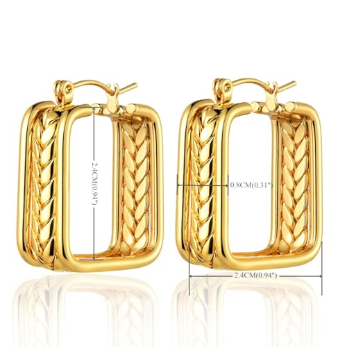 Gold Color Hoop Earrings for Women, Stainless Steel Wide Band Hoop Earrings with Twisted Rope Design, Womens Fashion Statement Dangle Earrings with Engraved Wheat Pattern - style: Square