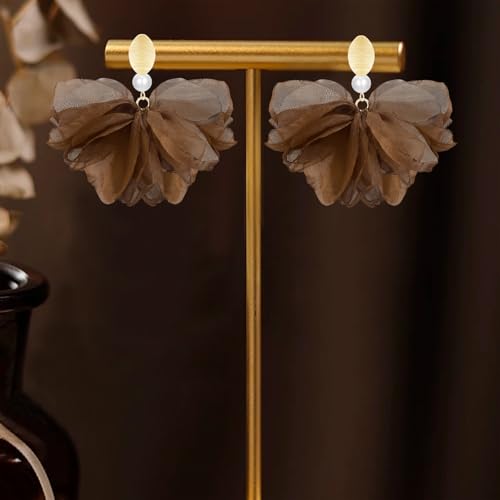 Handmade Fabric Flower Petal Fringe Dangle Drop Earrings Bohemian Floral Tassel Stud Earrings For Women - color: Brown