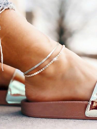 ChainsHouse Ankle Bracelets for Women, Stainless Steel Chain Anklets Waterproof, Women Summer Beach Jewelry Gift, Come with Box - color: 05. 2pcs-(3mm)-CZ Snake-Steel