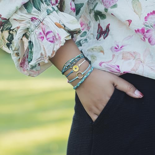 FANCY SHINY Easter Gifts Basket Stuffers Sunflower String Bracelet Boho Braided Rope Wrap Bracelets Cute Summer Beach Surfer Jewelry for Women - color: Blue/Green