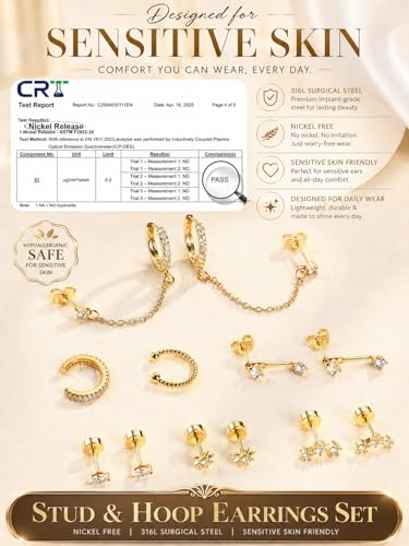 LOYALLOOK Hypoallergenic Flat Back Stud Hoop Earrings for Women, 14K Gold Plated Surgical Steel Earring Stacks Set for Sensitive Ears, Dainty Dangle Chain Silver Cartilage Earring Trendy Piercing Jewelry - color: Gold-cuff