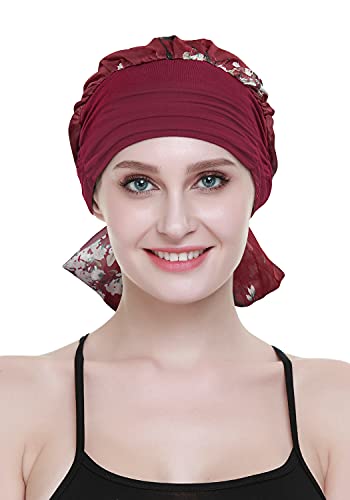 Chemo Headwear Turbans for Women Long Hair Head Scarf Headwraps Cancer Hats - color: Burgundy Wintersweet