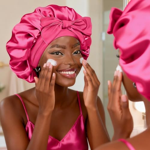YANIBEST Adjustable Satin Bonnet for Sleeping Women Double Layer Hair Wrap Reduce Friction Prevent Frizz Natural Curly Hair - color: Hot Pink