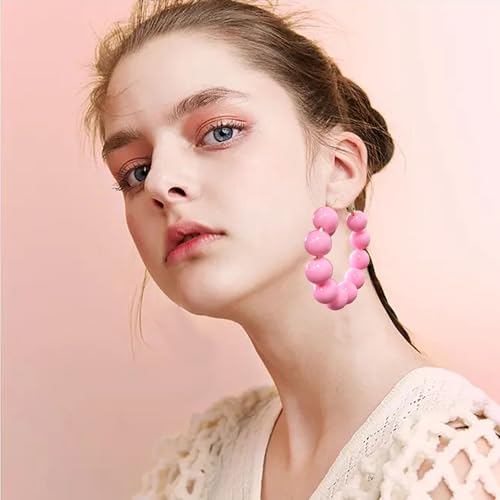 Summer Candy Colored Bead Earrings Lightweight Dainty Acrylic Geometry Hoop Earrings for Women Cute Boho Chic Handmade Jewelry - color: Pink