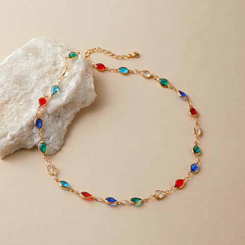 Beaded Choker Necklaces for Women 18k Gold Plated Dainty Gold Choker Necklaces for Women - style: Colorful Oval 23