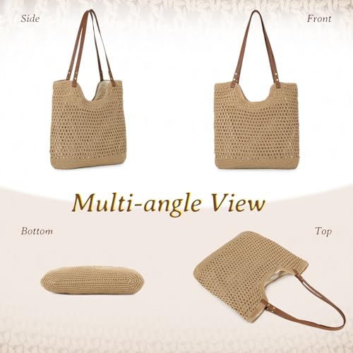 GOKTOW Crochet Beach Bag Women Woven Tote Handbag Casual Boho Bags Large Shoulder Purse For Summer Vacation Travel - color: Brown