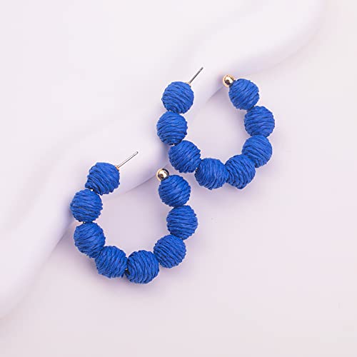 Raffia Hoop Earrings Statement Boho Beaded Earrings Cute Rattan Handmade Colorful Jewelry for Women Unique Summer Outfits - color: Royal Blue