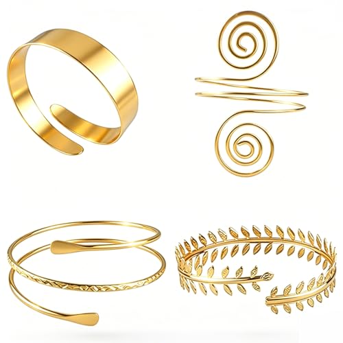2Pcs Minimalist Simple Swirl Upper Arm Cuff Bracelets for Women Arm Bangle Armlets Adjustable - color: gold