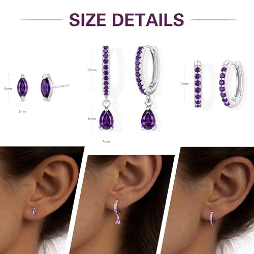 14K Gold Plated Small Huggie Hoop Earrings Set for Women, Hypoallergenic Dainty Sterling Silver Dangle Studs for Cartilage Helix, Lightweight Trendy Cute Stack Birthstone Jewelry Gift - color: 02_Amethyst_Feb_Silver
