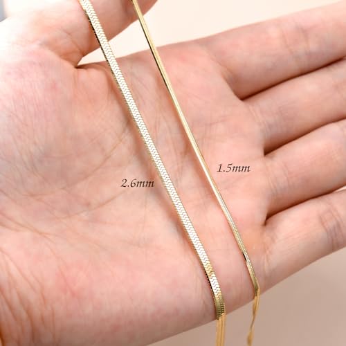 14K Yellow Gold 6-13 Inch 1.2mm-3.2mm Chain Bracelet Anklet for Women, Cuban Link Curb/Rope/Paper Clip/Round Snake/Herringbone/Bead/Water Wave, Thin Gold Chain Bracelet Durable Strong Real 14k Gold Chain Bracelet Anklet - color: 2.6mm Herringbone, size: 1