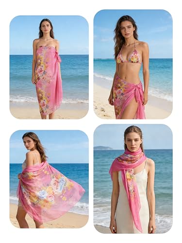 Womens Sexy Bohemian Floral Beach Cover Up Sarong Wrap Swimsuit Beachwear - color: A-rosy