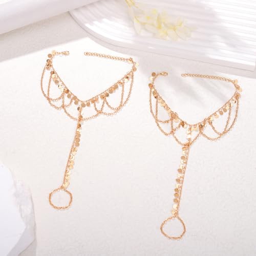 2PCS Gold Barefoot Sandals for Women Sequins Foot Chains Boho Beaded Anklets Layered Tassel Barefoot Sandals Jewelry - style: Sequins-B
