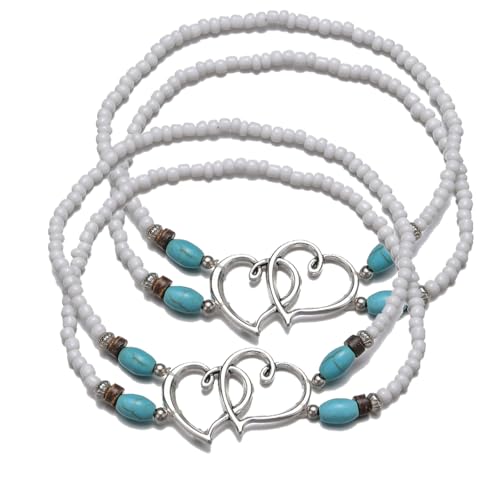 Ankle Bracelets for Women Waterproof Elastic Heart Anklet Stretchy Ankle Bracelets Colorful Beaded Anklets Boho Ankle Bracelets Silver Beach Anklet Jewelry Accessories for Summer - color: Black White Anklets