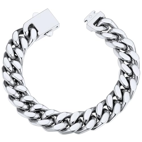 ChainsHouse Stainless Steel Cuban Link Bracelet for Men, 5mm/7mm/9mm/12mm Width, 7.5"/8.3"/9" Length, Black/18K Gold Plated Chain Wrist Bracelets for Men, with Gift Box - color: b. 12mm width-steel, size: 7.5 Inches