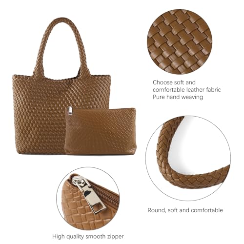 Hand Woven Bag Tote BagS For Women Top Handle Shoulder Vegan Leather Large Travel Beach Hobo Handbag - color: Brown