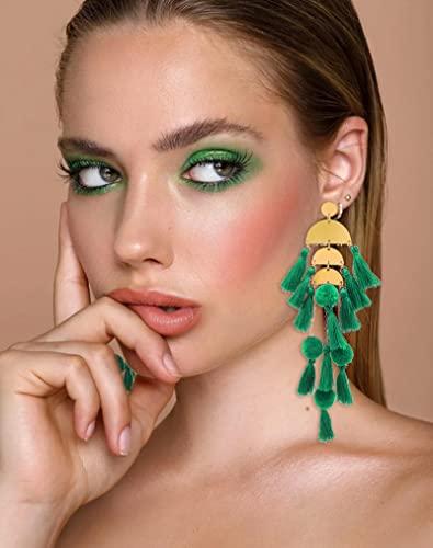 Long Tassel Earrings for Women Colorful Fringe Drop Dangle Earrings Bohemian Hawaiian Summer Beach Jewelry for Womens Vacation Outfits - color: Green