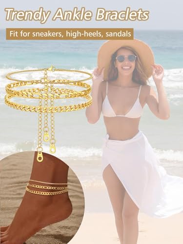 FindChic Black/Silver/Gold Plated Anklets Set of 2PCS/3PCS Herringbone Chain Cuban Link Heart Charm Sparkling Tennis Ankle Bracelets, Waterproof Summer Foot Jewelry for Beach - color: 02: Gold-3PCS Layered Cuban & Figaro