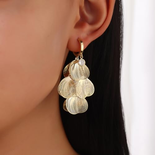 Boho Flower Layered Floral Leaf Drop Dangle Earring For Women,Metal CZ Gold Lightweight Flower Bohemian Gold Petal Exaggerated Jewelry Earrings For Women Brides Party Prom Wedding - color: Gold