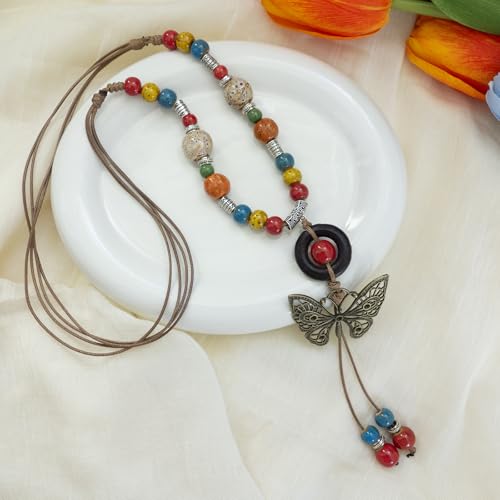 Boho Colorful Ceramic Bead Necklace for Women, Butterfly Pendant Necklace, Handmade Bohemian Statement Jewelry Gifts for Mom - color: Multi-L