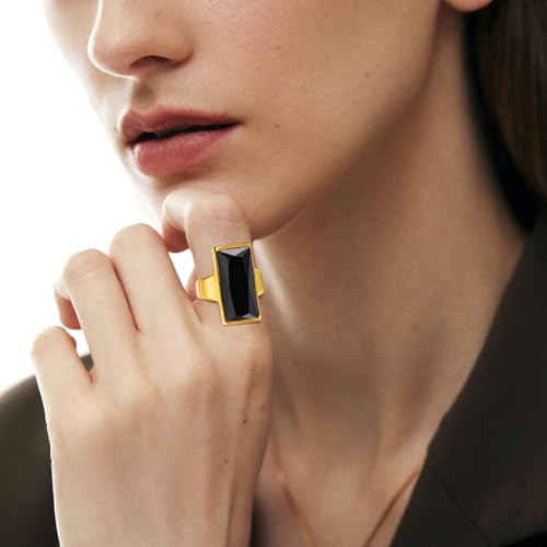 VNOX Vintage Fashion Stainless Steel Gold Plated Rectangular Black Glass Crystal Cocktail Statement Onyx Ring for Women - color: Black